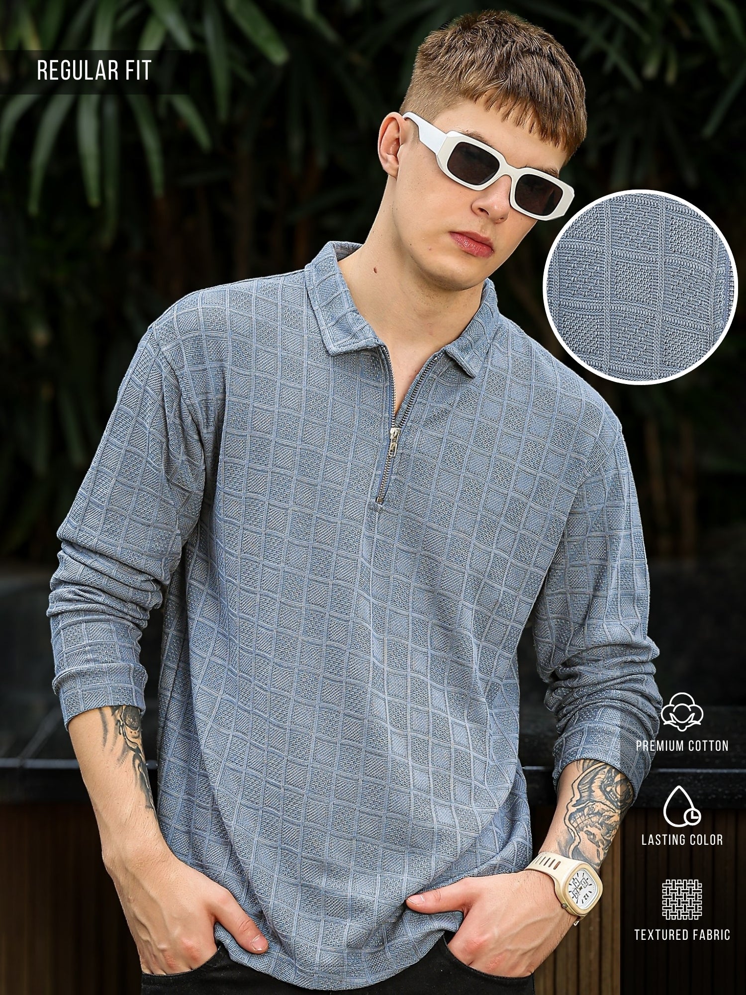 Street Blocks Light Grey Full Sleeve Polo T Shirt